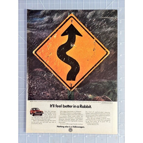 Volkswagen Rabbit "Thru Curves feels like a Grand Prix Driver" Vtg Print Ad 1983 - Picture 2 of 3